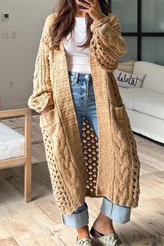 Lasaky - Comfortable Plus Size Long Sleeve Cardigan Sweater with Twist Rope Pocket and Easy Open Front Gilet Long, Women Sweaters Winter, Winter Vest, Coat Pocket, Winter Cardigan, Pocket Cardigan, Collar Cardigan, Loose Outfit, Women Sweater