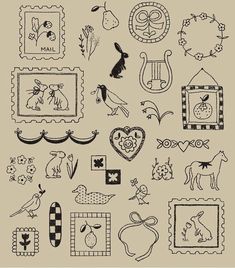 a collection of stamps with animals and birds on them, all drawn in black ink