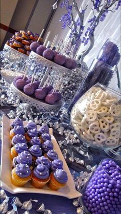 a collage of different cakes and cupcakes with purple icing on them