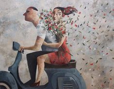 a painting of a man riding on the back of a scooter holding flowers