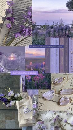 the collage is filled with purple flowers and books