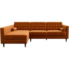 a brown couch and footstool sitting next to each other on a white background