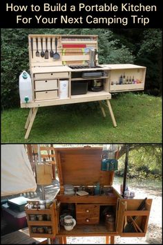 an old camper turned into a kitchen with lots of tools in it and the words how to build a portable kitchen for your next camping trip