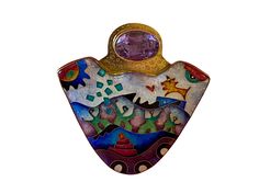 Description This one-of-a-kind, hand fabricated C.R. Dunetz Wearable Art Cloisonné Enamel Pin is truly a statement piece. Details Handcrafted with sterling silver, 14k , 22k and 24k and features an amethyst stone Measurements: 2" x 2" at longest points Weight - 1.2 oz Signed C.R. Dunetz Sterling - 14k . 22k . 24k Further decorated with engraved pictographs Can be worn as a pin with the bar pin closure or as a pendant with the bale All jewelry is final sale and not eligible for return Designer Enamel Jewelry For Gift, Designer Enamel Jewelry As A Gift, Designer Hallmarked Jewelry For Collectors, Luxury Artistic Design Jewelry For Gift, Designer Handmade Jewelry As A Gift, Designer Handmade Sterling Silver Jewelry, Artistic Multicolor Formal Jewelry, Designer Multicolor Jewelry For Gifts, Artistic Multicolor Jewelry For Formal Occasions