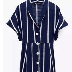 Midi Length. Navy/White Striped Collared Vacation Dress, Striped Collared Dresses For Vacation, Striped Collared Beach Dress, Collared Striped Beach Dress, Striped Short Sleeve Dress With Buttons, Elegant Striped Shirt Dress For Vacation, Casual Navy Button-up Dress, Chic Striped Collared Dress, Chic Navy Short Sleeve Dress