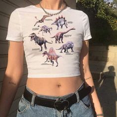 Cool Graphic Prints Jurassic Dinosaur Short Sleeve Crop Top Tee Shirt – sunifty Basic Crop Tops, Y2k Aesthetic Fashion, Belly Shirts, Aesthetic Clothing Stores, Egirl Outfits, Crop Top Tees, Crop Top Shirts, Short Sleeve Cropped Top, Edgy Outfits