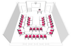 an overhead view of a conference room with red chairs and desks on each side