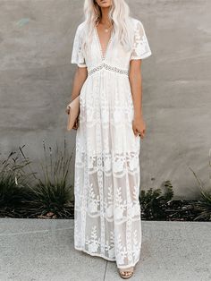 Summer White Lace Boho Loose Maxi Dress – A Lark And A Lady Black And White Long Dresses, White Lace Maxi Dress, White Lace Maxi, Dress Sleeve Length, White Lace Dress, Elegante Casual, Lace Dress With Sleeves, Beach Maxi Dress, Lace Neckline