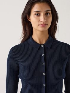 Merino Ribbed Polo Cardigan | UNIQLO US Cardigan Uniqlo, Uv Protection Clothing, Polo Cardigan, Chino Joggers, Parka Vest, Tank Top Camisole, Shirt Skirt, Blouse Dress, Bra Tops