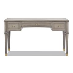 a grey desk with two drawers and gold handles on the top, against a white background