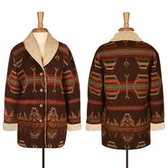 Vintage Coldwater Creek | made in USA Tribal print Southwestern jacket | chocolate brown, red, blue, beige Button down | Sherpa collar & cuffs | hand pockets Good vintage condition - lovingly worn - brightened to show detail Material - 51% acrylic 16% wool 20% polyester 3% other | mid-weight Size - tagged S - please check measurements > Bust - 42" Sleeve shoulder to cuff - 23" Length collar to hem - 31" MORE WOMEN'S COATS JACKETS > https://www.etsy.com/shop/OpenMarketVintage?ref=seller-platform- Western Brown Outerwear With Button Closure, Western Style Brown Long Sleeve Outerwear, Southwestern Style Brown Outerwear For Fall, Southwestern Brown Outerwear For Fall, Brown Western Long Sleeve Outerwear, Outdoor Fair Isle Pattern Long Sleeve Outerwear, Native American Jackets, American Jacket, Southwestern Jacket