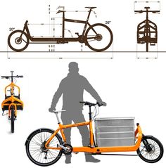 an orange bike with a side cart attached to the front and back wheels, in three different views