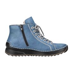 Rieker 7151014 715 Women's Boots, Blue Rieker 7151014 715 Women's Boots, Blue Stay cool and casual with these Rieker HWK Women's Boots. These lace-up ankle boots in blue combine comfort with a fashionable look. The clever combination of laces and zipper allows for easy on and off. Bright decorative seams throughout the shoe provide the perfect finish and a standout style. The lightweight and shock-absorbing outsole pampers your feet with every step. Plus, the insole is super soft. Simply top-notch!   Color: Blue  Heel Height: 3.4 cm  Heel Type: Wedge Heel  Toe Shape: Round  Shoe Width: Normal (G)  Removable Insole: No  Sole Color: Black  Closure: Zipper & Laces  Water Protection: No  Reflective: No  Shaft Height: Ankle  Shaft Width: Normal  Season: Autumn/Winter   Material & Care  Upper Ma Boots With Laces, Blue Ankle Boots, Shoe Brushes, Soft Shoes, Blue Heels, Sole Shoes, Lace Up Ankle Boots, Stay Cool, Wedge Heels