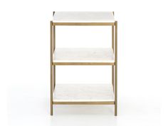 three tiered shelf with marble top in white and gold finish, against a plain background