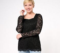 Exude ladylike charm in this lovely lace top. Perfect for formal occasions, it pairs well with dress pants and pumps. From Susan Graver. Square Neck Long Sleeve Top, Square Neck Long Sleeve, Susan Graver, On Air, Stretch Lace, Body Fit, Formal Occasion, Square Neck, Long Sleeve Top