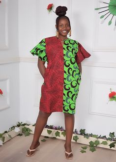 Shift Dress Ankara, Red Knee-length Mini Dress, Spring Knee-length Ankara Dress, Summer Multicolor Ankara Fabric Mini Dress, Ankara Shift Dress Puffy Long Sleeve, Red Ankara Fabric Short Sleeve Dress, Ankara Shift Dress, Printed Short Dresses, Ankara Dress Styles