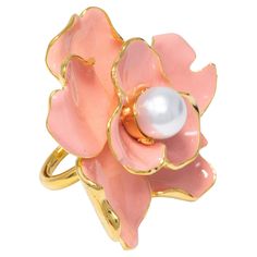 Floral elegance by Kenneth Jay Lane! A cocktail ring featuring a flower, painted in salmon coral enamel and accented with a single faux pearl. Adjustable sizes 4.5 to 8 US Gold plated. Made in USA. Hallmarks: Kenneth Lane Pink Formal Enamel Ring, Elegant Pink Flower Ring For Party, Formal Pink Flower Ring, Pink Flower Enamel Ring For Wedding, Elegant Pink Enamel Ring, Elegant Floral Enamel Ring For Wedding, Elegant Flower Enamel Ring For Wedding, Elegant Flower Shaped Enamel Wedding Ring, Elegant Flower-shaped Enamel Wedding Ring