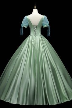 Green Satin Long A-Line Ball Gown Green Short Sleeve Evening GownSilhouette:A-LineMaterial:SatinWaist: NaturalBack Details:Lace-UpLength: Floor LengthLining: Fully LinedBuilt-In Bra: Yes Princess Style Green Ball Gown With Fitted Bodice, Green Princess Style Dress For Debutante Ball, Princess Style Satin Dress With Fitted Bodice, Fitted Satin Ball Gown Dress, Fitted Satin Ball Gown, Silk Ball Gown For Banquet, Princess Style Floor-length Formal Gown, Green Ball Gown With Sweep Train For Banquet, Satin Ball Gown For Formal Occasions