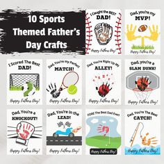 10 sports themed father's day cards with handprinted images and text on them