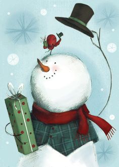 a snowman with a hat and scarf holding a present