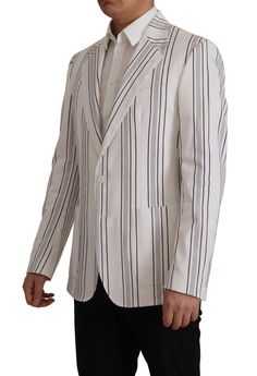 Brand: Dolce & Gabbana Model: Blazer jacket Style: Single breasted Color: White with stripes pattern 2 button closure Logo details Made in Italy Material: 58% Cotton 39% Nylon 3% Elastane Lining: 100% Silk Material: 58% Cotton 39% Nylon 3% Elastane Model Blazer, Cotton Blazer, Single Breasted Jacket, Silk Material, Guess Jeans, Dolce & Gabbana, Casual Boots, Overall Shorts, Jacket Style