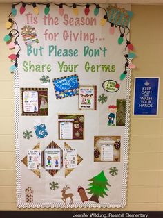 a bulletin board is decorated with christmas decorations and holiday cards for the classroom to share