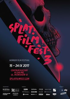 a poster for the splat film festival with a skull holding a knife in it's mouth