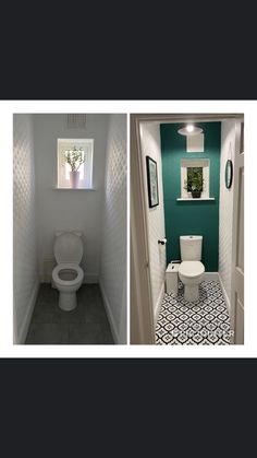 two pictures of a bathroom with green walls and black and white flooring, one has a toilet and the other is a sink