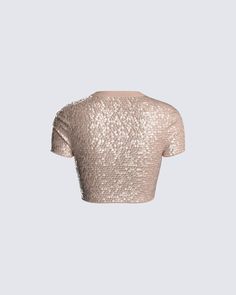 Lights, camera, sparkle ✨ Let your baddie vibes shine in this beige sequin cropped top. Made from stretch sequin fabric, and complete with short sleeves, a form-fitting style, and a contrast rib neckband 🤩 Trendy Short Sleeve Crop Top For Parties, Fitted Crew Neck Crop Top For Party, Stretch Tops With Contrast Sequin For Night Out, Short Sleeve Sequin Crop Top For Party, Spring Party Crop Top With Crew Neck, Spring Short Sleeve Crop Top For Club, Short Sleeve Crop Top For Club In Spring, Contrast Sequin Cropped Top For Evening, Sequined Short Sleeve Crop Top For Night Out