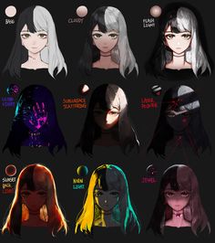 an anime character's hair color chart for different types of hair and face shapes