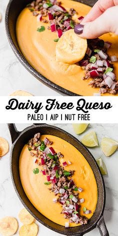 a person dipping some food into a skillet with the words dairy free queso on it