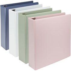 four binders in different colors and sizes, each with a ring on the front