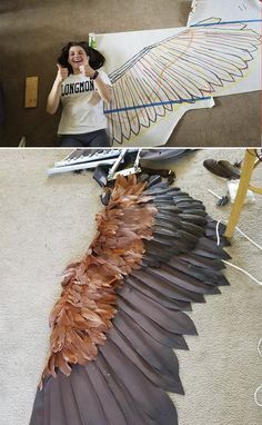 two pictures with different types of feathers on the floor and one has a woman holding an umbrella