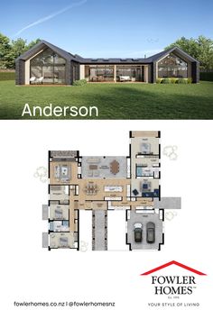 the floor plan for a modern house with two levels and an open living room, dining area