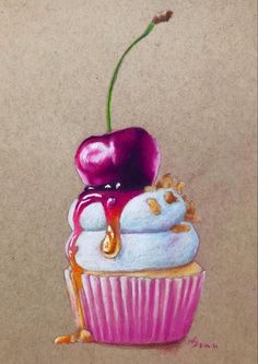 a drawing of a cupcake with a cherry on top