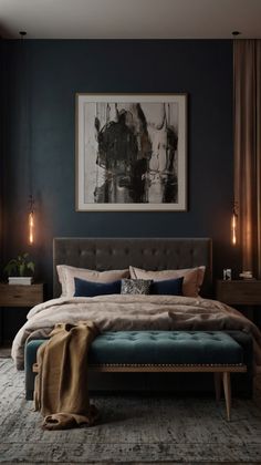 a bedroom with dark blue walls and a large painting on the wall above the bed