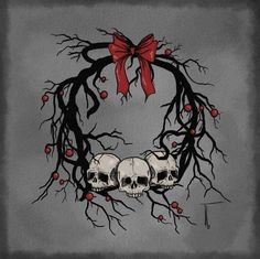 two skulls with red bows on their heads are in a wreath made out of branches