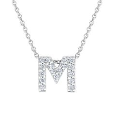 From Roberto Coin, 18k white gold diamond love letter "M" necklace. Diamonds are 1/15ctw. An 18inch chain with 16inch jump ring is included. Roberto Coin signs each one of his pieces with a small ruby casted inside the piece, in direct contact with the skin of the one who wears it. This magical signature, surrounded by an antique halo of legend, represents the message of good wishes that Roberto Coin dedicates to his passionate clientele. Style#: 001634AWCHXM White Gold Initial Necklace With Single Diamond, Silver Diamond Initial Necklace With Diamond Accents, Silver Initial Necklace With Diamond Accents, Silver Diamond Initial Necklace With Accents, White Gold Diamond Necklaces With Initials, Anniversary White Gold Initial Necklace With Single Diamond, White Gold Initial Necklace With Diamond For Anniversary, White Gold Diamond Accent Initial Pendant Necklace, White Gold Diamond Accented Initial Pendant Necklace