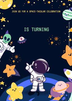 an astronaut is in the space with stars and planets around him, as well as text that reads join us for a space - tacular celebration