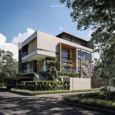 an artist's rendering of a modern house in the woods with trees and bushes