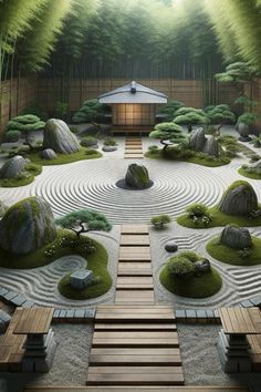 a japanese garden with rocks and grass in the center, surrounded by trees and benches