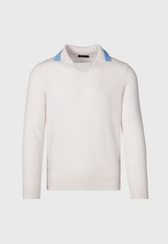 Luxury Formal Polo Sweater With Ribbed Collar, Luxury Long Sleeve Polo Sweater, Designer Cashmere Fine Knit Sweater, Elegant White Cashmere V-neck Sweater, White Classic Cashmere V-neck Sweater, Formal Sweater With Ribbed Collar, Designer Long Sleeve Cashmere Sweater, Formal Cashmere Polo Sweater With Ribbed Collar, Formal Cashmere Tops With Ribbed Collar