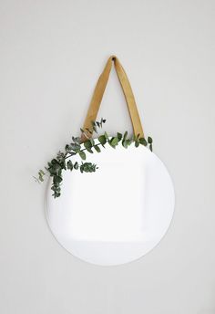 a plant is growing on top of a white wall hanging from a wooden hanger