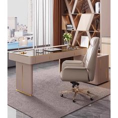 an office desk with a chair and bookcase in front of it, next to a window