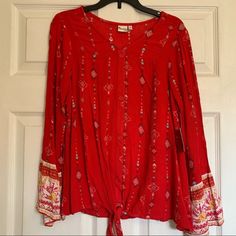 Long/Bell Sleeve Peasant Top From Mudd. Red With Geometric Print. Vneck. Button Down. Tie Waist. Semi Sheer. Nwt. Size Xl 14/16. Offers Welcomed!! Mudd Peasant Top Long Sleeve Bell Sleeve Red Geometric Vneck Tie Waist Festival Spring Fall 071621 B15 022222 052322 082822 122922 042623 Casual Red V-neck Peasant Top, Red Bohemian Peasant Top For Fall, Bohemian Red Peasant Top For Fall, Red Bohemian Tops For Festive Occasions, Red Bohemian Top For Festive Occasions, Red Long Sleeve Beach Blouse, Red Long Sleeve Top For Festivals, Red Long Sleeve Bohemian Blouse, Red Festive Blouse For Fall