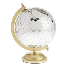 a white and gold disco ball on a stand