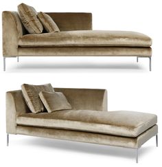 two couches with pillows on them, one in beige and the other in brown