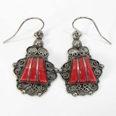 "Join me and celebrate the re-creation of antique and vintage jewelry; repurposed and reborn at Vintage Delights Too.  Welcome to my store. For your consideration is a pair of vintage Mexican sterling silver earrings. The earrings feature silver filigree/bead wirework with red dyed onyx stones. These measure 1 ½ by ¾ inches in size and date from the 1940s. They have been updated with sterling earwires and are unmarked but test for silver. Backs are flat sheet silver. These are similar to work do Jewelry Repurposed, Mexican Earrings, Vintage Jewelry Repurposed, Mexican Jewelry, Earrings Red, Vintage Mexican, Onyx Stone, Silver Filigree, Pierced Earrings