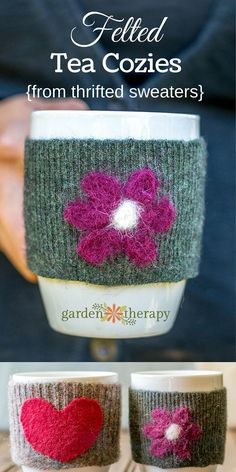 coffee cup cozyies made from knitted sweaters with flowers and hearts on them