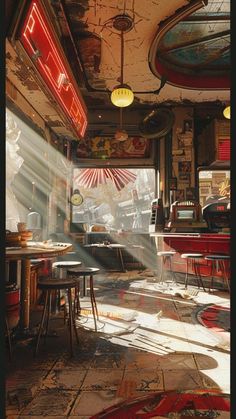 the sun shines through the windows in an old restaurant with tables and stools